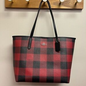 Coach Red and Black Buffalo Plaid Tote